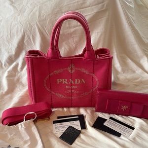 Prada Ginza Canapa and Prada Roma Saffiano Fiocco Trifold Wallet